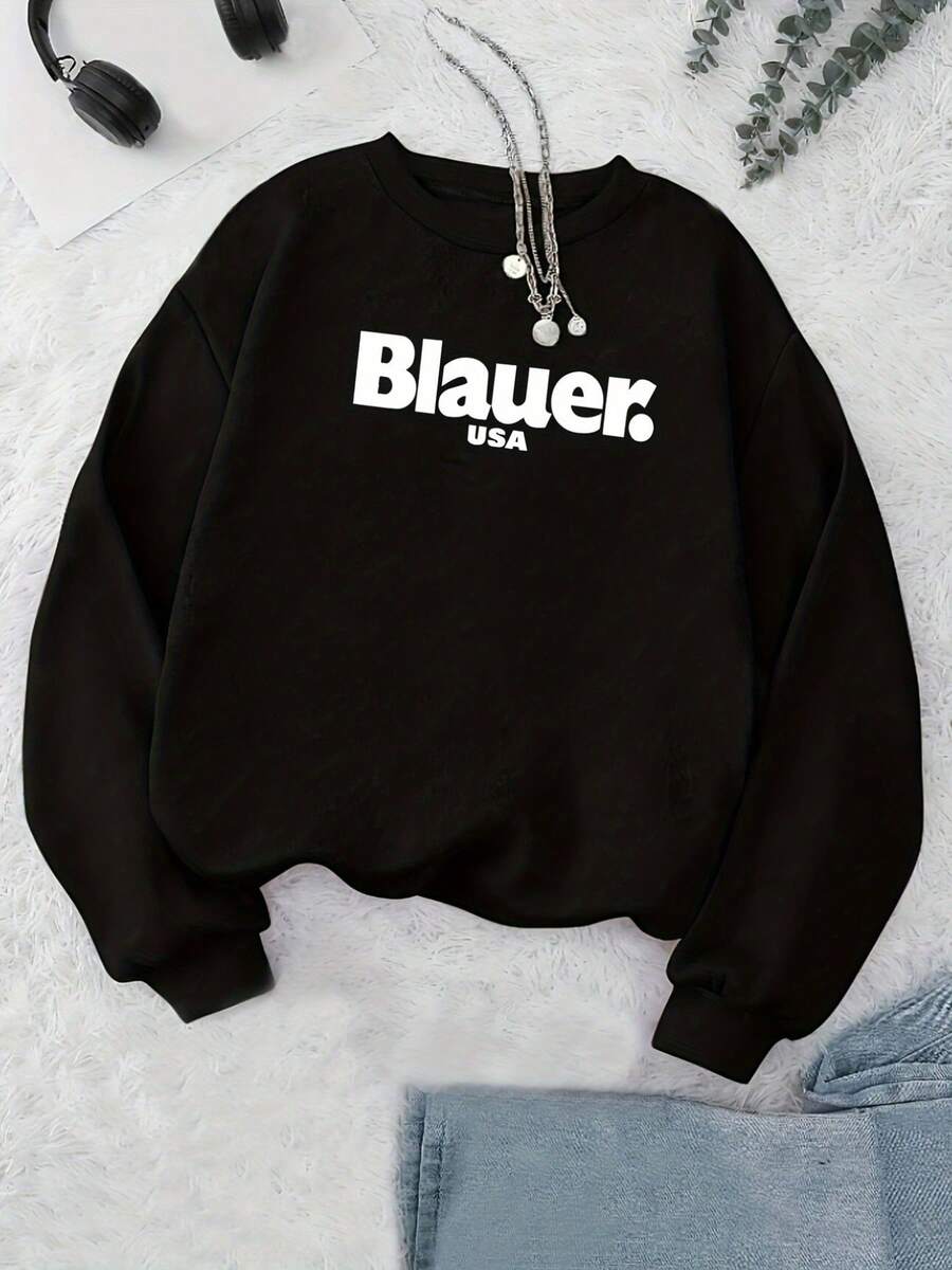 Sudadera de cuello redondo negra para mujer de Blauer USA con estampado del icónico logotipo, chaqueta de invierno resistente, lavable a máquina, marca casual para otoño e invierno - Negro - Ver 1