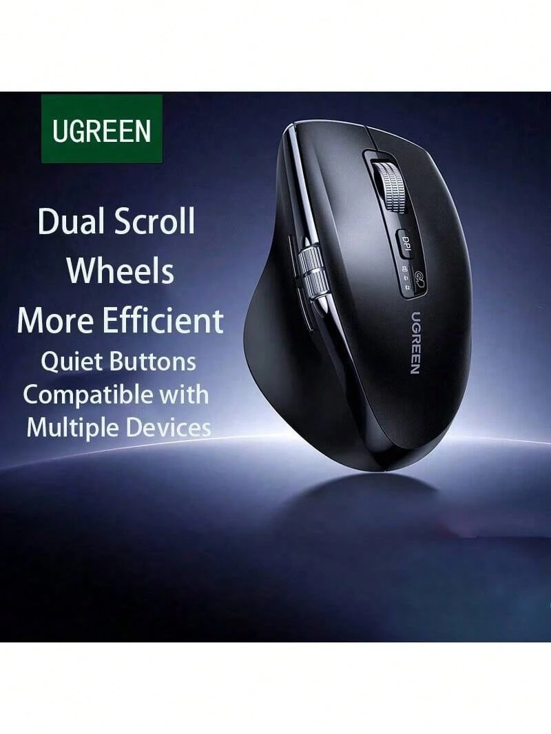 UGREEN M751 無線藍牙雙模滑鼠 電磁+側向滾輪 輕音可程式按鍵 四檔DPI切換 中大手人體工學 辦公室作業環境 黑色 - 黑色 - 查看 1