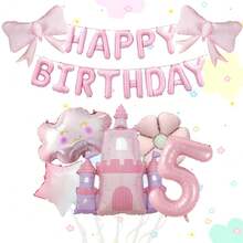 Conjunto de globos de aluminio con forma de castillo, lazo de color rosa mate, nube rosa y bandera de letra, adecuado para decoración de fiesta de cumpleaños, decoración del hogar - Multicolor - Ver 6