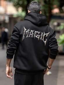 Krometka 男士连帽衫，秋冬新款街头时尚 MAGIC 英文元素印花抓绒连帽卫衣 - 黑色 - 查看 2