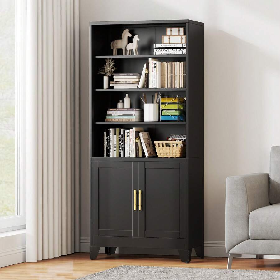 71 Inch High Metal Bookshelf With Adjustable Storage Rack, Used For Open Independent Display Cabinets In Offices, Study Rooms, Living Rooms, And Bedrooms - màu đen - Xem 1