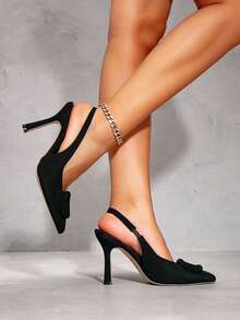 女士黑色方扣尖头细高跟鞋，欧美风格，适合晚宴派对 - 黑色 - 查看 4