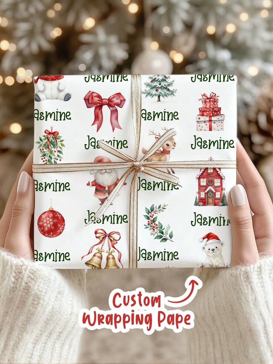 1pc Customized Christmas Wrapping Paper - Personalized Gift Wrapping Paper, Can Print Name, Holiday Theme, Cute Christmas Elements (Santa Claus, Reindeer, Bow, Ornaments, Christmas Tree, Gifts) - Multicolor - View 1