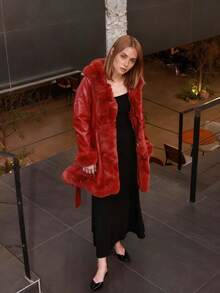 Giolshon Women's PU Leather Jacket With Faux Fur Lining, Hood And Belt - Minimalist Fashion, Suitable For Autumn/Winter - 酒紅色 - 查看 7