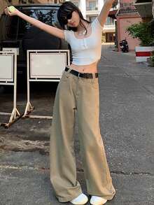 Khaki High Waist Loose Straight Leg Jeans For Women, Slimming Draping Effect, Autumn New Arrival, Without Belt Casual Fall - Khaki - View 3