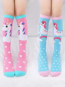 2 双女孩心形和独角兽设计及膝袜，柔软舒适的过膝腿套，适合日常休闲穿着