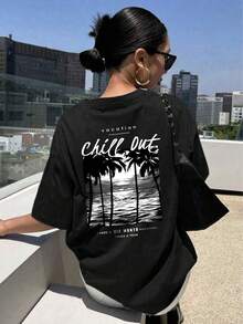 Women's Plus Size Spring/Summer Coconut Tree Beach Letter Print Casual Simple Loose Comfort Street Style Everyday Round Neck Short Sleeve Plus Size T-Shirt Tops - Black - View 5