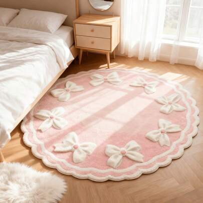 1pc Pink & White Bow Decor Round Plush Comfortable Carpet, Living Room Bedroom Entryway Kitchen Bedside Rug, Durable Anti-Dust Home Decor Carpet, New Year Gift For Family And Friends