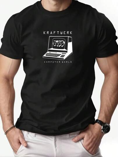 Camiseta gráfica de KRAFTWERK Computer Worlds para hombre, cuello redondo casual de manga corta, tela de punto de 100% algodón, con un ligero estiramiento, ajuste regular, 180g/m2 - Esencial de verano