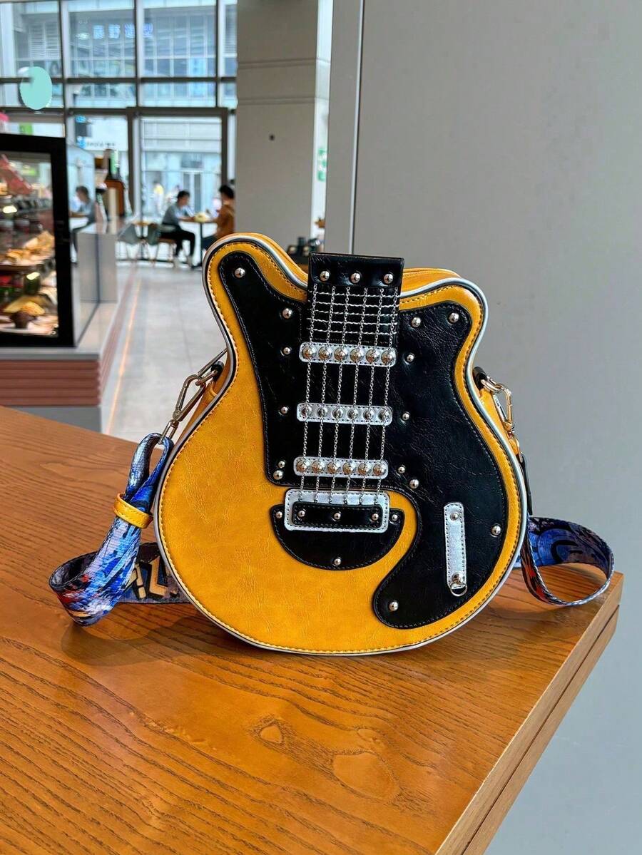 Creative Y2k Style Vintage Guitar Shaped Bag For Girls, Bass Guitar Unique Design Shoulder Bag, Crossbody Bag, Chain & Rivet Decoration, Color Block Wide Strap Unisex Bag, Street Fashion, Rock Style Bag For Women - 彩色 - 查看 1
