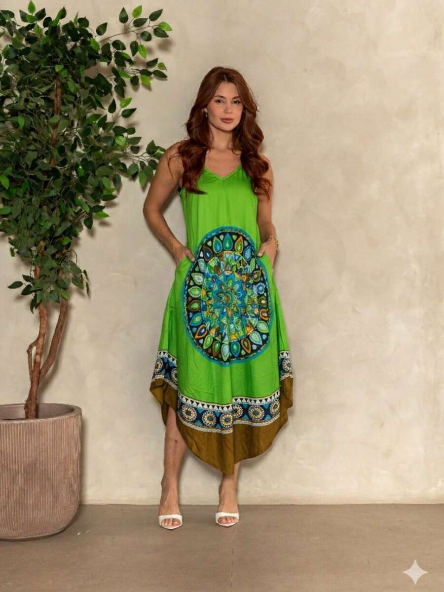 MIA BRAZIL Midi Trapeze Dress In Viscose With Mandala Print, Comfortable With Pockets, Perfect For Summer, Everyday Wear And The Beach - PLK-2104 - Green - View 1