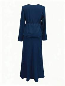 2pcs/Set Elegant Drawstring Waist Ruffle Hem Top And Long Skirt Suit - Autumn Women's 2 Pieces Set, Elegant & Fashionable, Coffee Brown, Winter Clothing, Christmas Outfit, New Year Outfit, Elegant Party Set, Elegant Ladies Suit, Casual Wear, Resort Wear, Summer Resort Wear, Navy Blue - Navy Blue - View 5