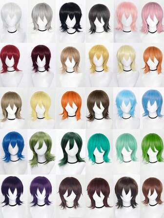 Unisex Cosplay Short, Reverse-Curled Bob With Bangs, Fluffy, Wavy Anime Style, 16-Inch Heat-Resistant Synthetic Hair, Cosplay Pixie Short Hair, Anime Hairstyle | Pixie Short Wig