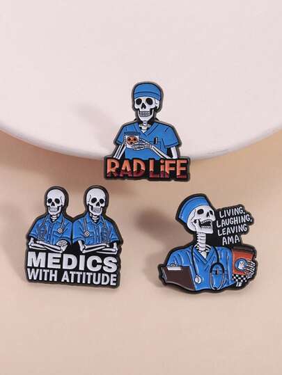Set de 3 piezas de insignias con memes médicos de humor negro, estilo carrera, médico esqueleto, lema AMA para trabajadores de la salud y fans de la automofa profesional