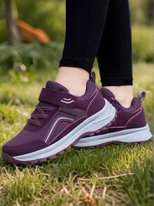 Women's Low-Top Outdoor Sports Sneakers - Breathable Soft-Soled Running Shoes With Adjustable Pink Laces/Hook & Loop Closure Cushioned MD Sole & PU -Like Traction - All-Season Black/Grey/Grey Tread For Gym Casual Wear - 紫色 - 查看 3