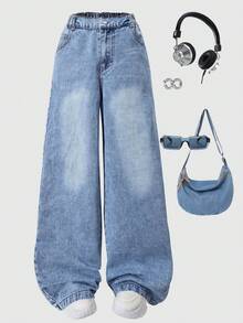 Y2K Vintage Washed High Waist Distressed Loose Wide Leg Jeans For Tween Girl, Autumn/Winter Streetwear Back To School - Blue - View 7