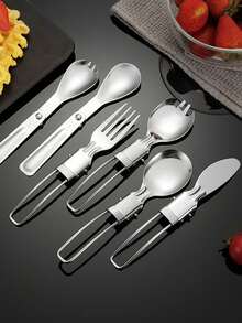 3pcs/4pcs Portable Stainless Steel Cutlery Set, Made Of 304 Stainless Steel, With A Folding Design And Storage Box. Includes Fork, Spoon And Storage Box – Perfect For The Office, School, Kitchen, Picnic, Camping And Outdoor Activities. Also Makes A Lovely Gift, Suitable As A New Year's Gift Or Back-To-School Gift. - Silver - View 1