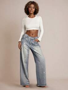 女士亮片装饰直筒牛仔裤 - 亮面牛仔面料，复古水洗，宽松版型 - 淺色水洗藍 - 查看 5