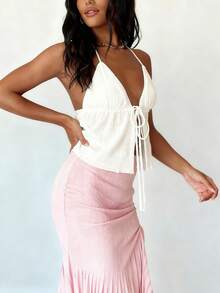 新款热销女式夏季时尚休闲度假性感Y2K纹理面料系带露脐上衣