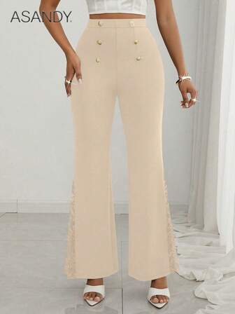 纯色蕾丝拼布双排扣喇叭裤