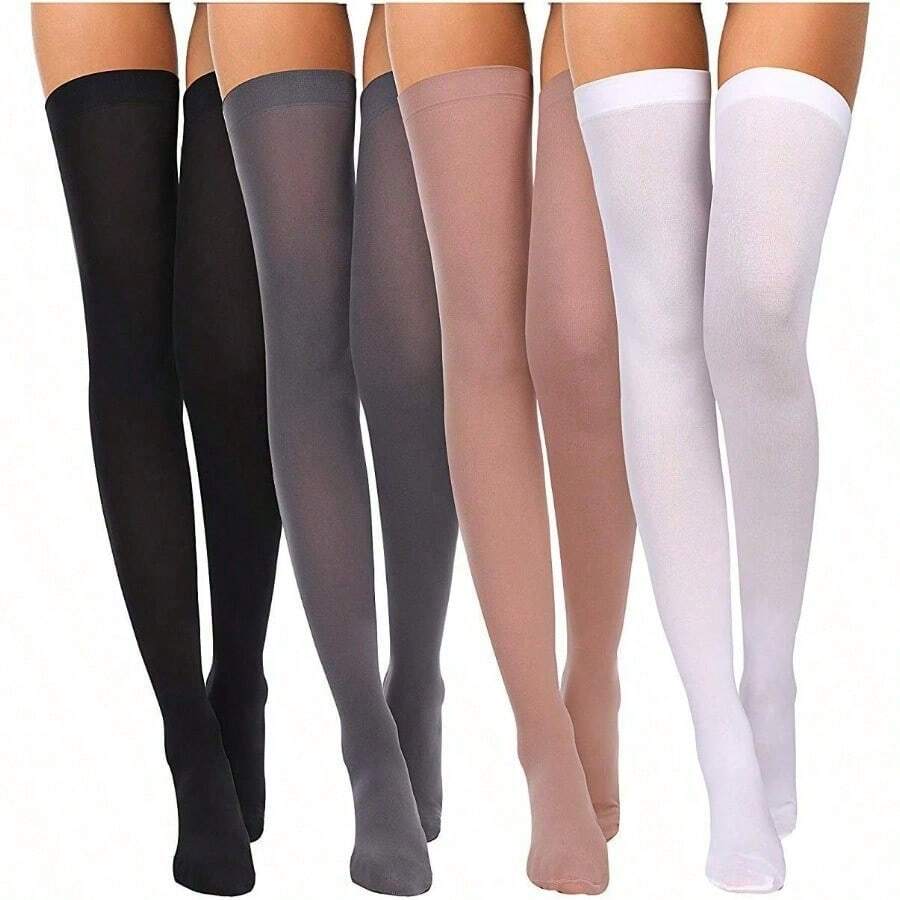 Boao 4 Pairs Women's Silk Thigh High Stockings Nylon Socks For Women Halloween Cosplay Costume Party Tights Accessory - 黑色,白色,膚色,灰色 - 查看 1
