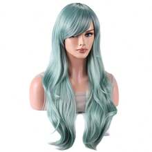 28英寸薄荷绿卷曲刘海假发，波浪发型，适合派对和角色扮演 - 彩色 - 查看 3
