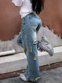 Women's Straight Leg Jeans With Yellow Frayed Details - Distressed Denim Pants With Slant Pockets, Streetwear Grunge Style - Dark Wash - View 2