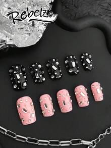 10 Pieces Of Hand Pressed Coffin-Shaped Nails, Fake Nails, DIY,Black-Pink Full-Diamond Manicure, With Large And Small Diamond Ornaments Inlaid In A Scattered Manner, And The Minimalist Base Color Highlights The Luxurious Punk Style ,For Girls And Ladies In Weddings, Parties, Holiday Scenes, Gift A Nail Kit