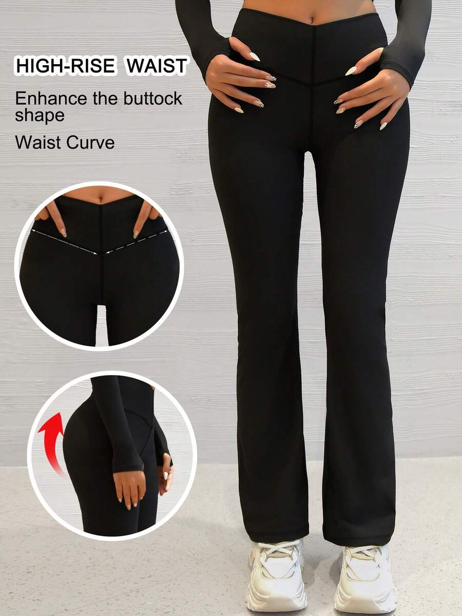 Pantalones de yoga con pierna acampanada en forma de V para mujer, cintura alta, pantalones de yoga de pierna ancha, pantalones elásticos para trabajo, entrenamiento, running, ciclismo, yoga, pickleball, ejercicio y uso casual - Negro - Ver 1