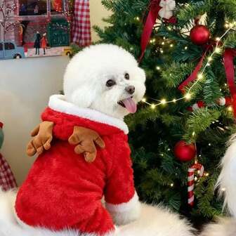 1 pieza Ropa gruesa de Navidad para mascotas perros y gatos, Mono de reno navideño, cálido y cómodo, adecuado como regalo de Navidad y Año Nuevo para las mascotas queridas, para que las mascotas sientan el ambiente navideño, Ropa navideña para gatos Año Nuevo Cálido para mascotas Gatito British Shorthair Ragdoll Disfraz festivo para perros (Debido a diferentes lotes de producción, el color del cuerno de reno se envía al azar en color café y color café claro)