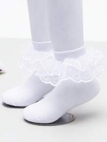1 Pair Girls' Solid Color Lace Trim Socks, Princess Style Short Socks For Toddler & Big Kids - White - View 4