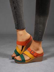 优雅坡跟凉鞋，女士厚底凉鞋，编织鞋底，交叉绑带，度假风户外沙滩拖鞋，时尚、舒适、优雅、休闲、沙滩、坡跟、厚底凉鞋 - 彩色 - 查看 5