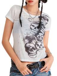 Women's Summer Tops Vintage Short Sleeve V Neck Skull Print T-Shirts Blouses Grunge Clothes