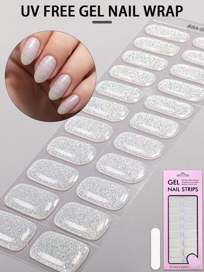 22pcs UV Gel Nail Stickers, Silver Glitter Gel Nail Decals, Salon Quality, Easy To Apply And Remove, Ideal For Busy Women To DIY Manicure At Home, Also A Great Gift For Women