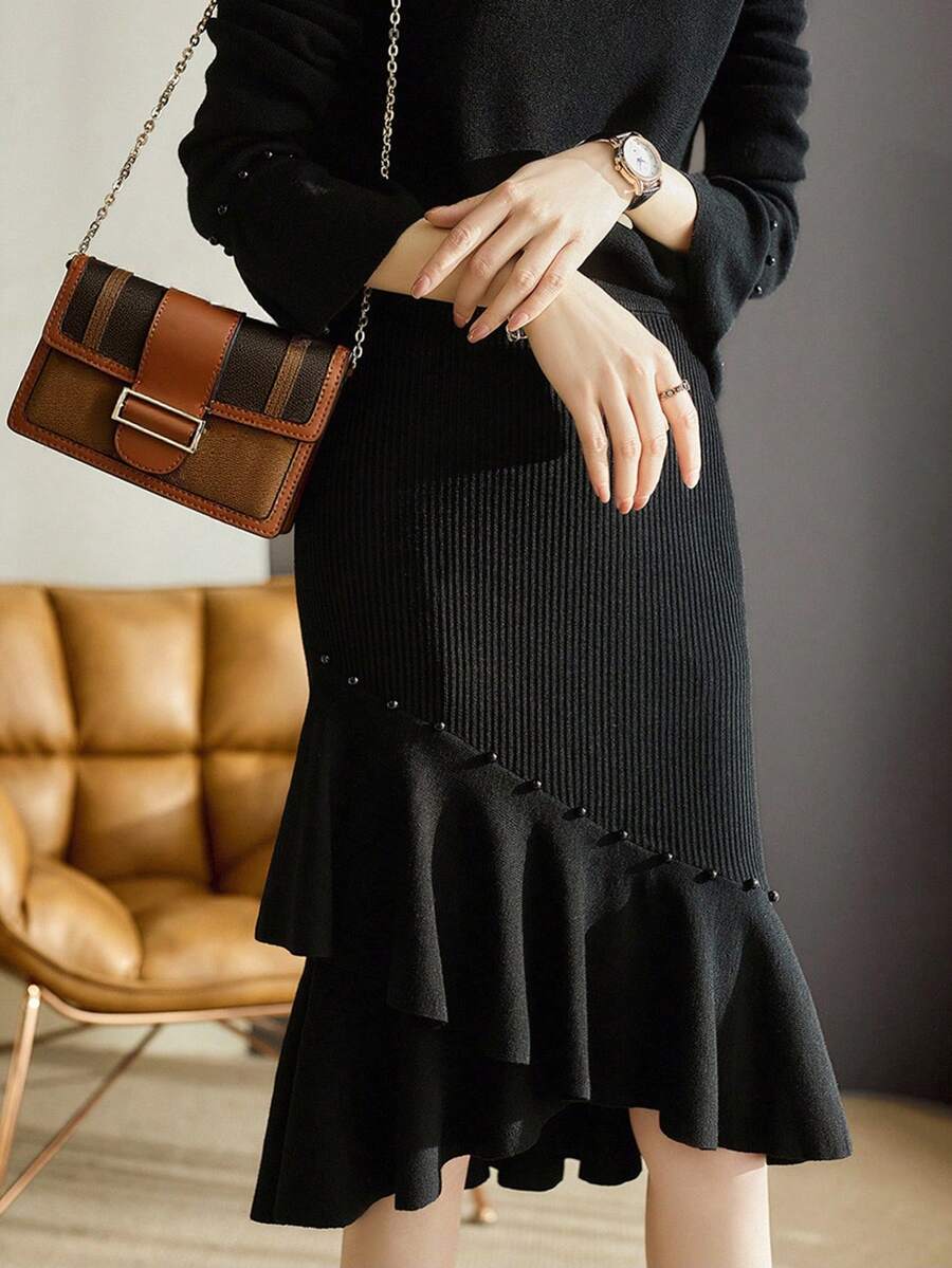 Women's Beaded Ruffle Hem Knit Skirt, Versatile Slim Fit Mermaid Hem Bodycon Skirt For Autumn/Winter - Black - View 1