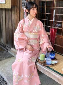 女性用正装着物4点セット アニメ風フォト撮影に最適 帯・扇子・頭飾り付き 神聖な雰囲気を醸し出す伝統的優雅着物 メイクアップアイテム一式同梱 - 桃 - チェックする 3