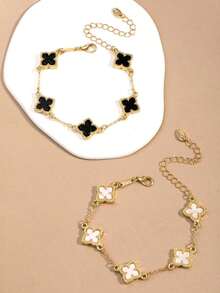 2pcs/Set Classic Black & White Four-Leaf Clover Design Bracelet Set - một kích cỡ - Xem 9