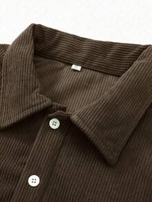 Men's Corduroy Collar Long Sleeve Polo Shirt, Casual Loose Fit Solid Color Pullover Top, For Spring & Autumn - Coffee Brown - View 3