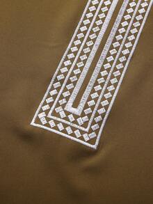 男士优雅奢华两件套达希基长袍套装，长袖刺绣衬衫搭配休闲裤，适合节日婚礼等场合穿着。 - 棕色 - 查看 8