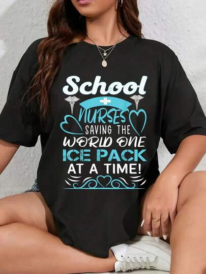 100% Cotton School Nurses Saving The World One Ice Pack At A Time T-Shirt Women's Men's Streetwear Graphic Tee Black Crew Neck Vacation Tops Round Neck Fashion Shirts