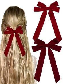 1/2/3/4/5/6 件女孩时尚双层蝴蝶结发夹，柔软长尾蝴蝶结发夹，复古金属发夹丝绸头带，优雅发饰，送给女孩的绝佳礼物 - 彩色 - 查看 31