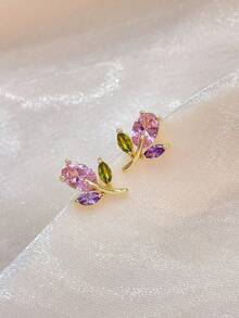 Cubic Zirconia Flower Design Stud Earrings Valentines,Mom,Mother,Mother's Day,Gift - Multicolor - View 12