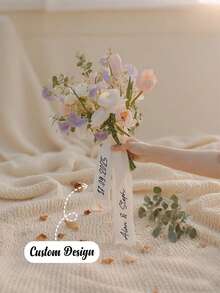 Personalized Wedding Bouquet Ribbon - Custom Name & Date Floral Tapestry For Bridal Showers, Birthdays, Graduations - Durable Polyester Event Decor With Elegant Design, Wedding Gifts For Guests, Celebration Accessory, Sophisticated Style, High Quality Craftsmanship - Multicolor - View 1