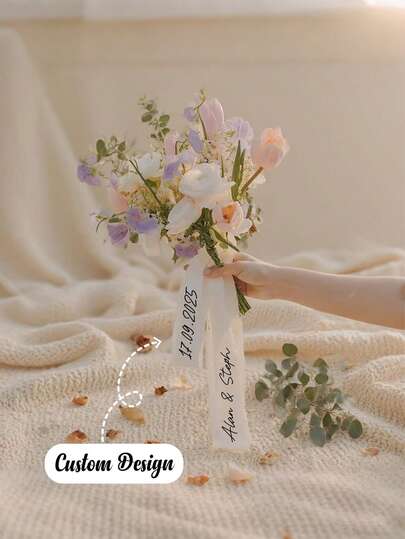 Personalized Wedding Bouquet Ribbon - Custom Name & Date Floral Tapestry For Bridal Showers, Birthdays, Graduations - Durable Polyester Event Decor With Elegant Design, Wedding Gifts For Guests, Celebration Accessory, Sophisticated Style, High Quality Craftsmanship