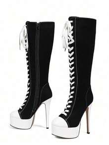 Black And White Color Blocked Waterproof Platform, High Heels, Side Zipper, Lace Up Fashion Boots - 黑色 - 查看 3