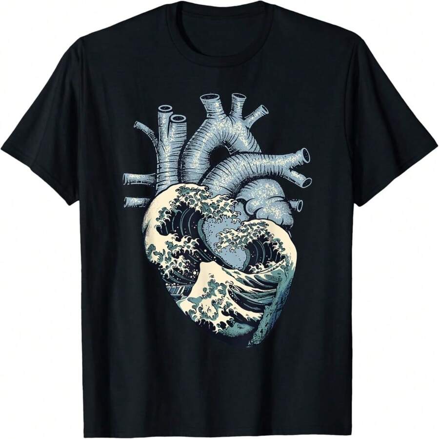 Camiseta con diseño de la gran ola de Kanagawa y corazón anatómico, estilo japonés - Negro 6 - Ver 1
