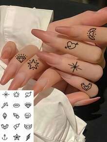 20 Sheets Finger Tattoos For Women Small Temporary Tattoos Adult Black Tiny Fake Tattoos Realistic Flower Moon Sun Star Pattern Mini Cute Temp Tattoos Stickers For Hand,Sketch Style - Black - View 4