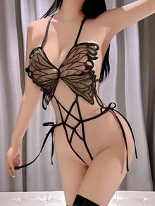 Women's Multi-Color Lace Butterfly-Shaped Backless One-Piece Dress. Sexy Bow-Hole Design. Luxurious And Charming Lingerie Item (Multiple Colors Available). - màu đen - Xem 4