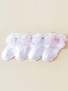 4雙女孩棉質蕾絲珍珠蝴蝶結裝飾舞蹈襪，優雅公主風網格短襪，適合派對穿搭 - 彩色 - 查看 4