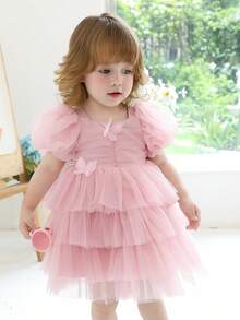 Baby Girls' Pink 3D Butterfly Tulle Puff Sleeve Elegant Party Princess Dress, Suitable For 1st Birthday Gift, Wedding Flower Girl, Banquet, Prom, Holiday Celebration - Pink - View 1